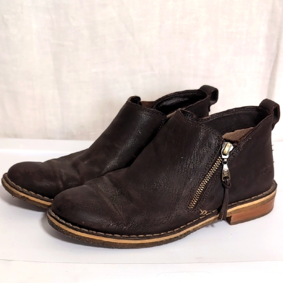 UGG Clementine Brown Leather Side Zip Shearling Ankle Boots Size 8.5 - Picture 1 of 5